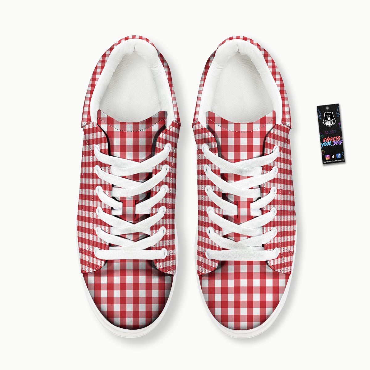 Gingham White And Red Print Pattern Platform Shoes-grizzshop