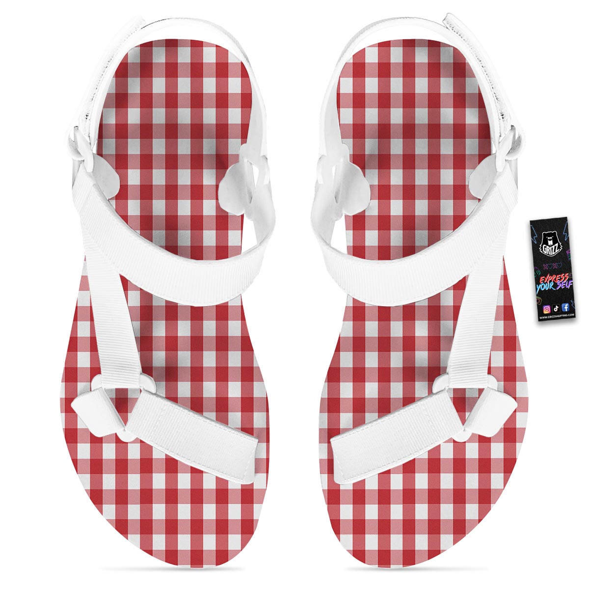 Gingham White And Red Print Pattern White Open Toe Sandals-grizzshop