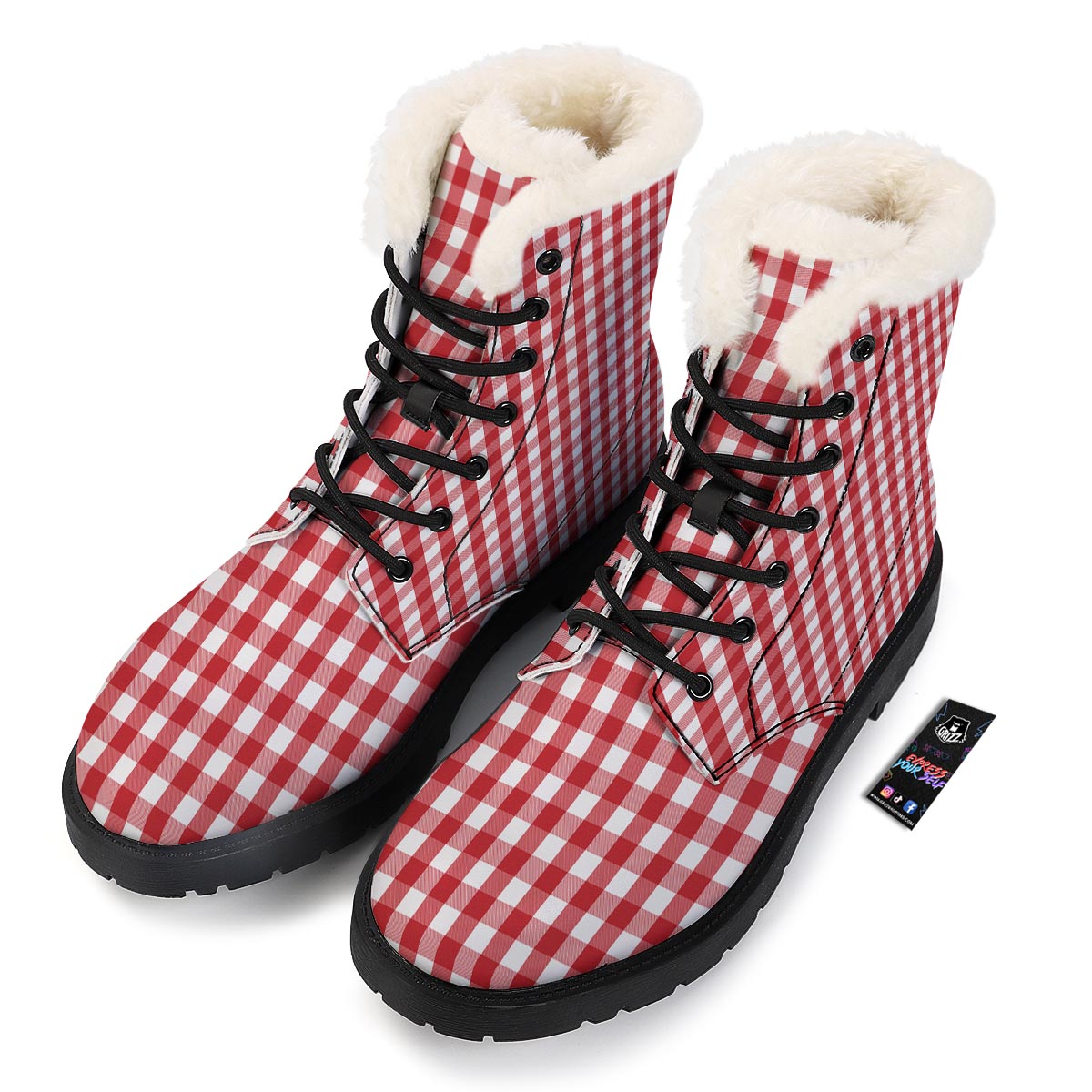 Gingham White And Red Print Pattern Winter Boots-grizzshop