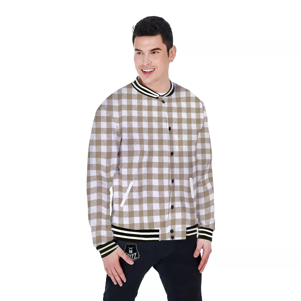Gingham White And Tan Print Pattern Baseball Jacket-grizzshop