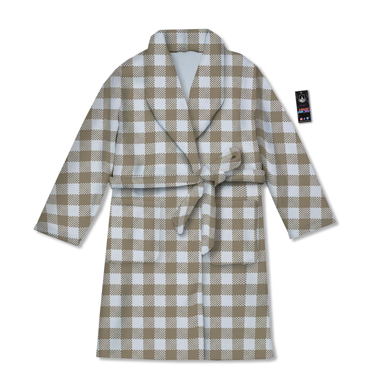 Gingham White And Tan Print Pattern Bathrobe-grizzshop