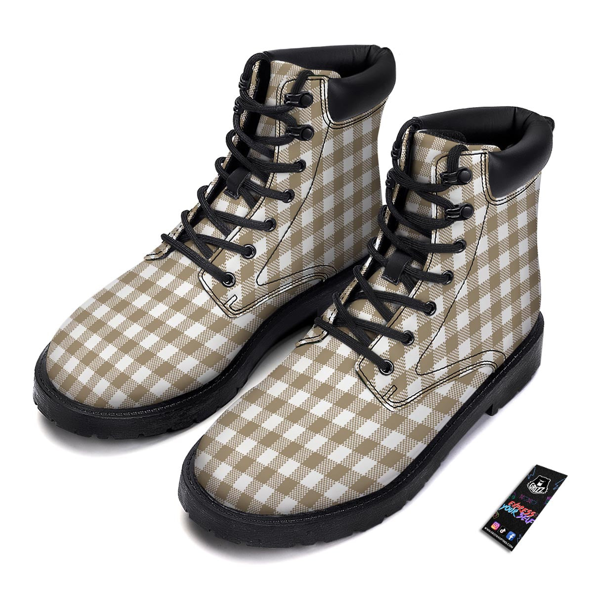 Gingham White And Tan Print Pattern Boots-grizzshop