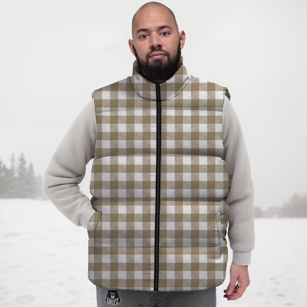 Gingham White And Tan Print Pattern Down Vest-grizzshop