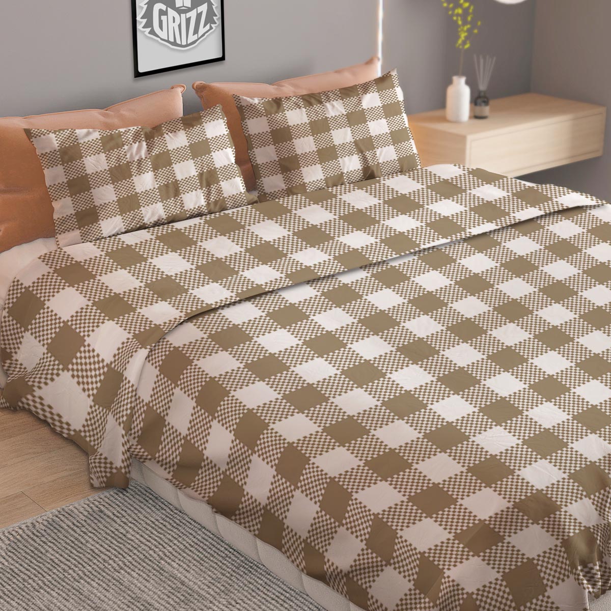 Gingham White And Tan Print Pattern Duvet Cover Bedding Set