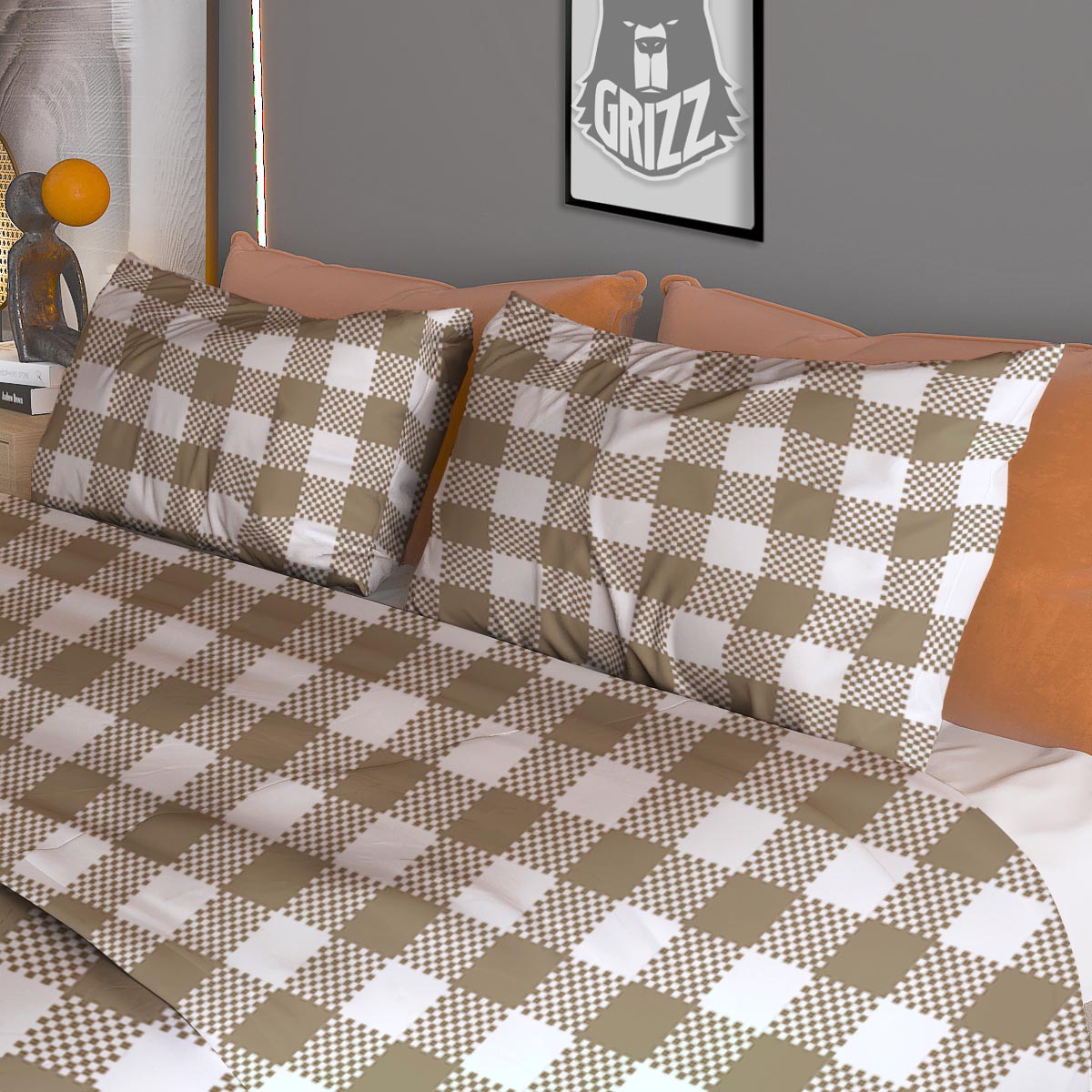 Gingham White And Tan Print Pattern Duvet Cover Bedding Set