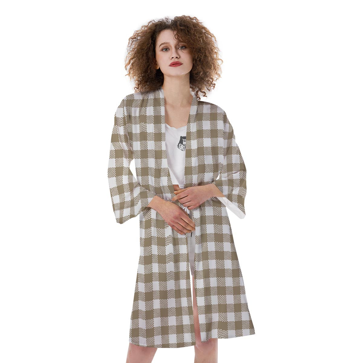Gingham White And Tan Print Pattern Kimono-grizzshop
