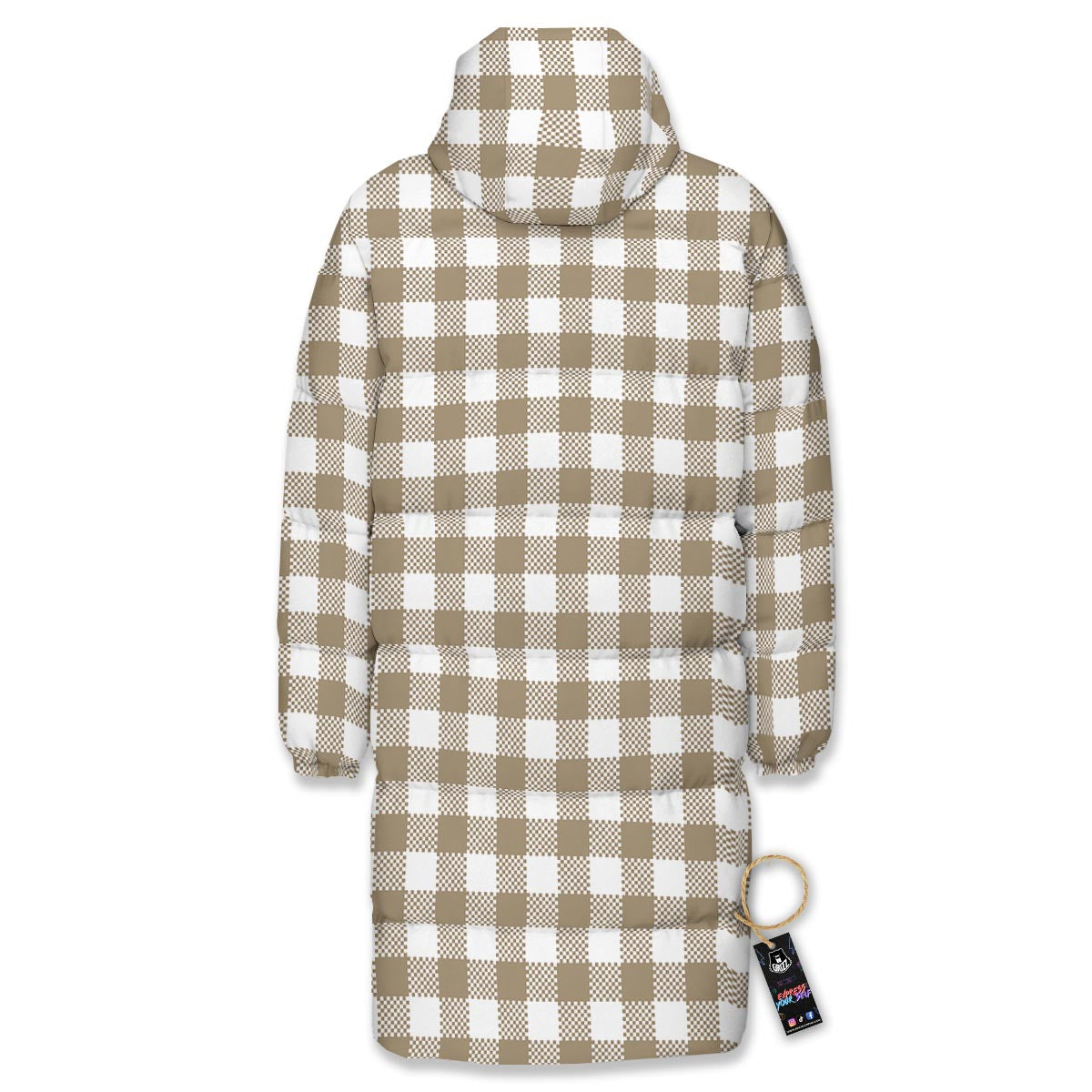 Gingham White And Tan Print Pattern Long Down Jacket-grizzshop