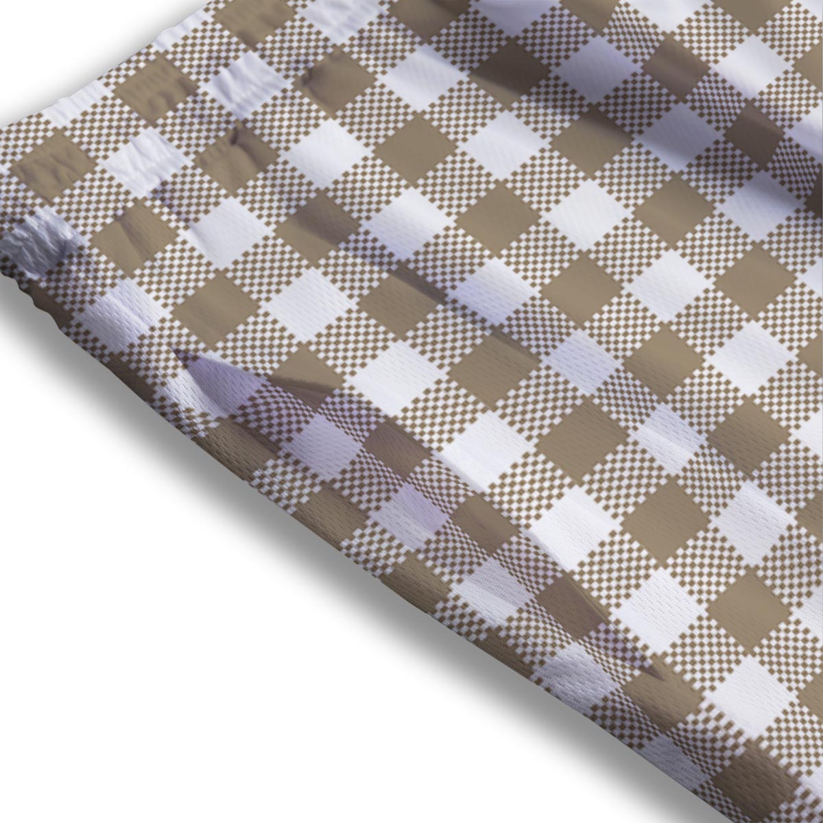 Gingham White And Tan Print Pattern Mesh Shorts