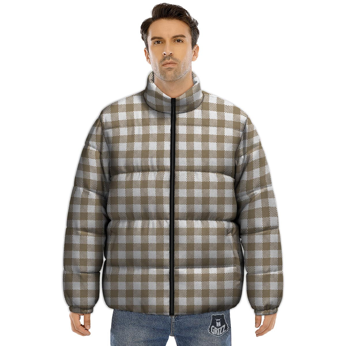 Gingham White And Tan Print Pattern Puffer Jacket-grizzshop
