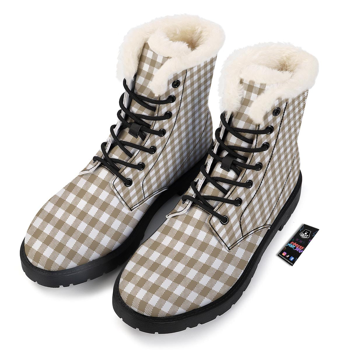 Gingham White And Tan Print Pattern Winter Boots-grizzshop