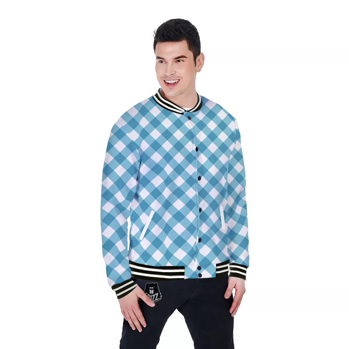 Gingham White And Teal Print Pattern Baseball Jacket-grizzshop