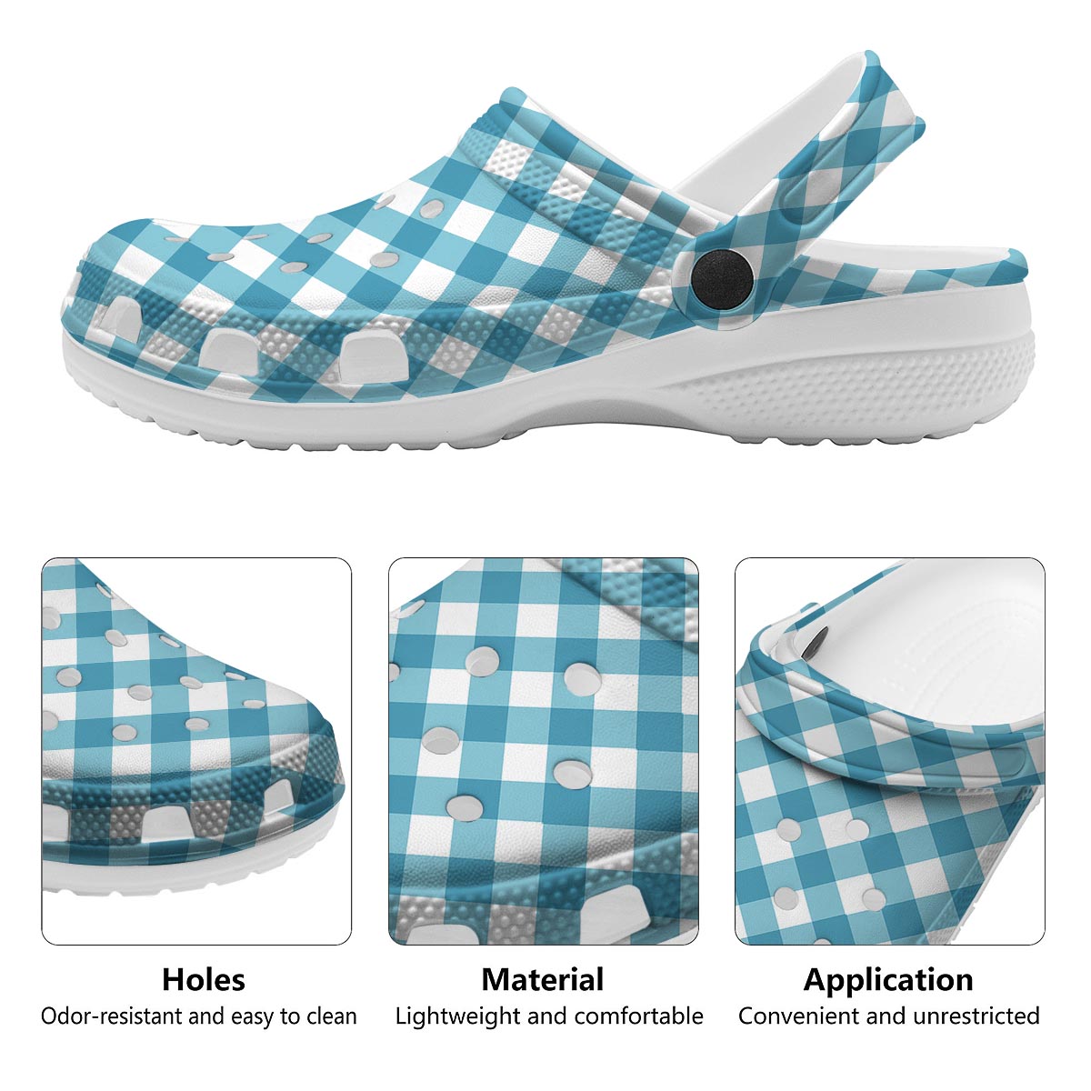Gingham White And Teal Print Pattern Clog-grizzshop