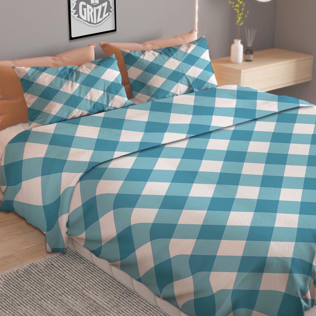 Gingham White And Teal Print Pattern Duvet Cover Bedding Set