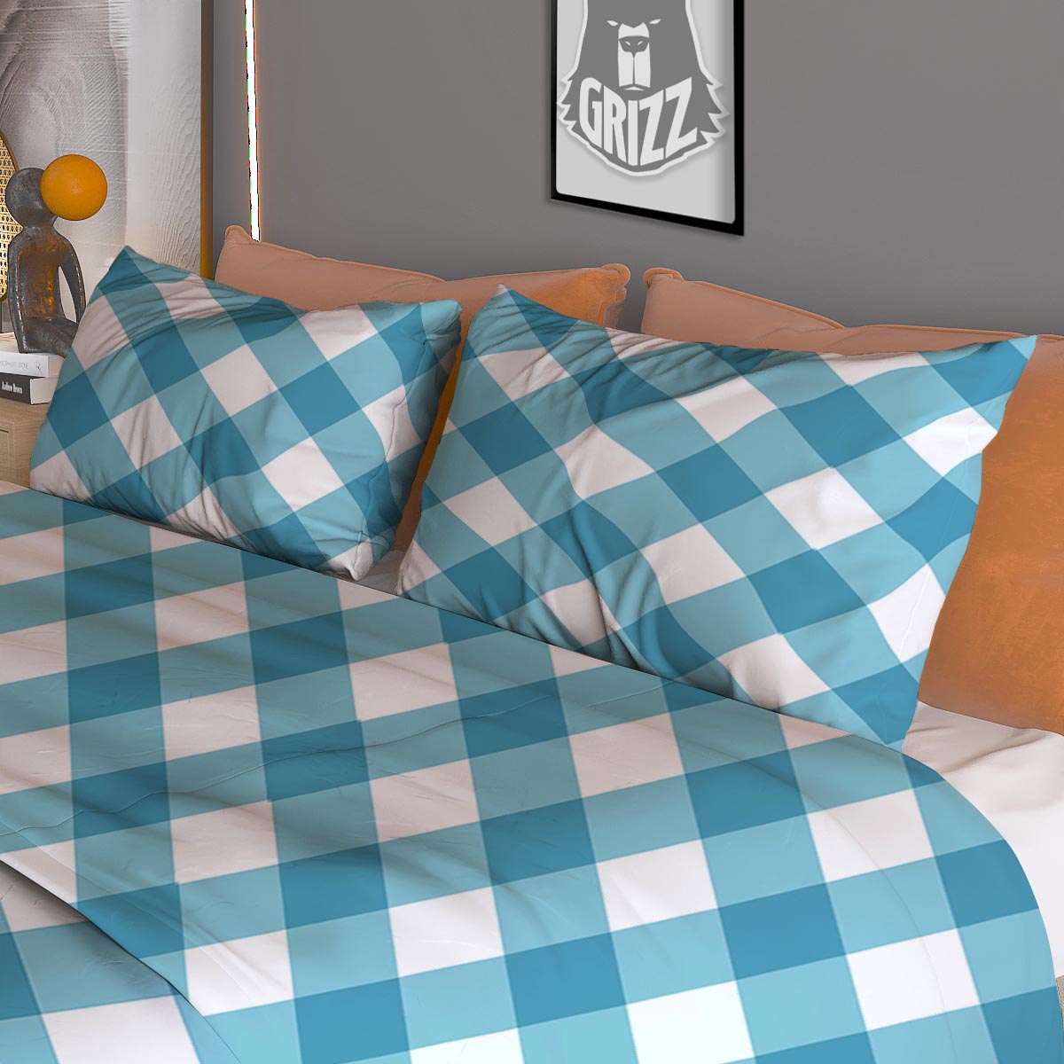 Gingham White And Teal Print Pattern Duvet Cover Bedding Set