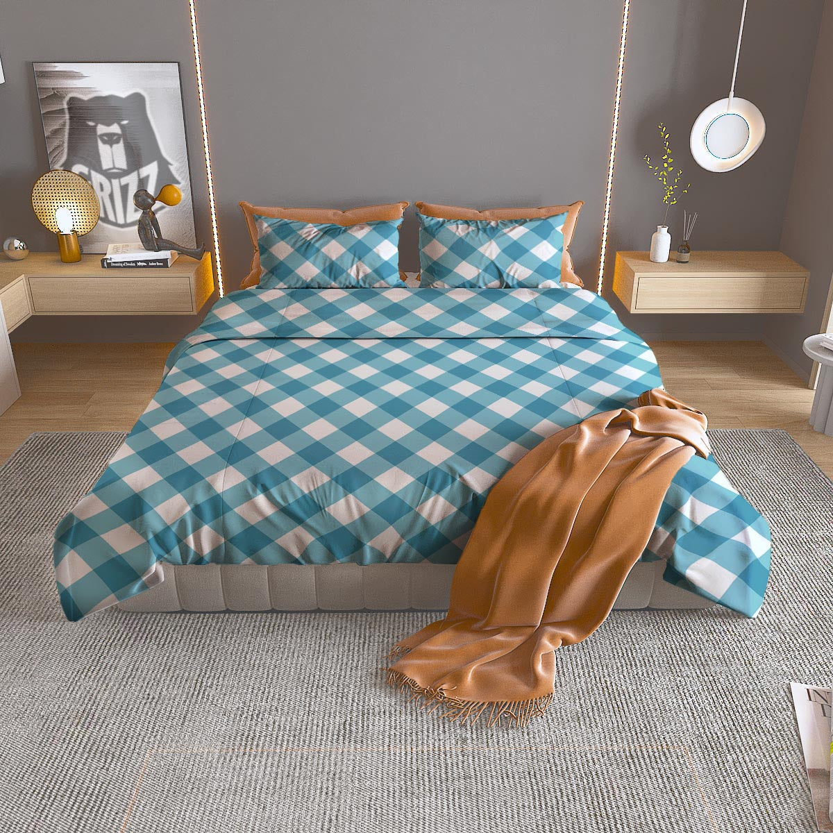Gingham White And Teal Print Pattern Duvet Cover Bedding Set
