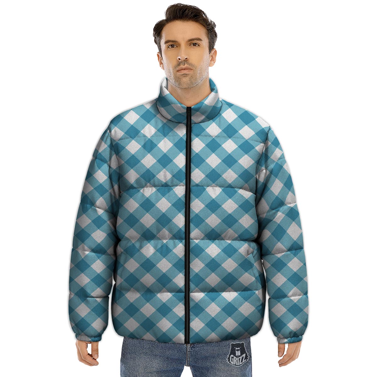 Gingham White And Teal Print Pattern Puffer Jacket-grizzshop
