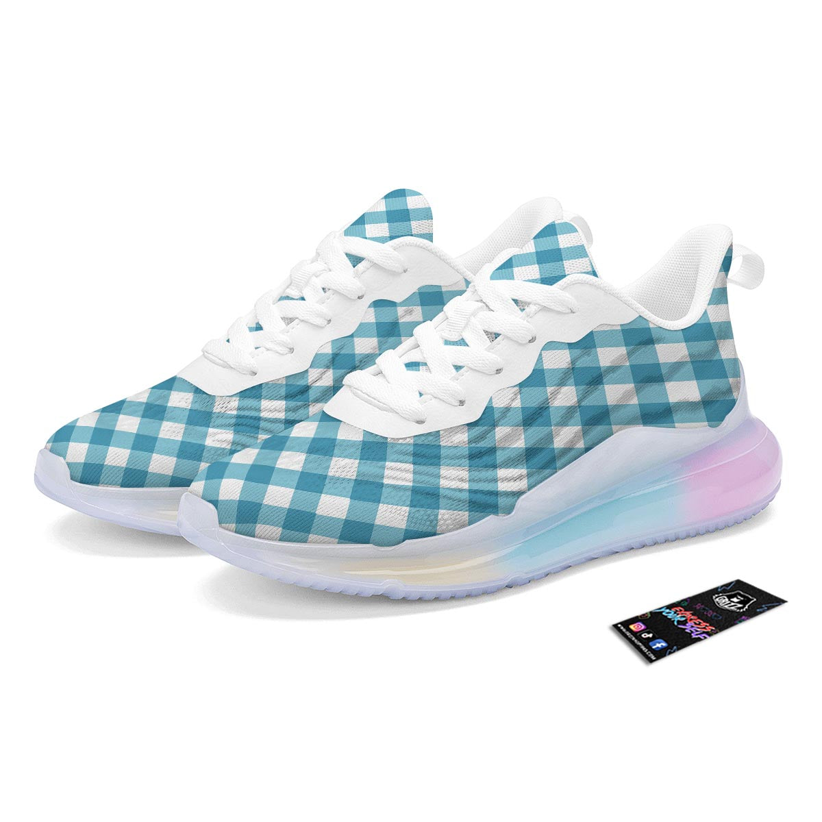 Gingham White And Teal Print Pattern Running Sneakers-grizzshop