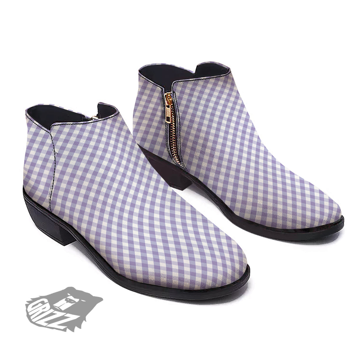 Gingham White And Violet Print Pattern Ankle Boots-grizzshop