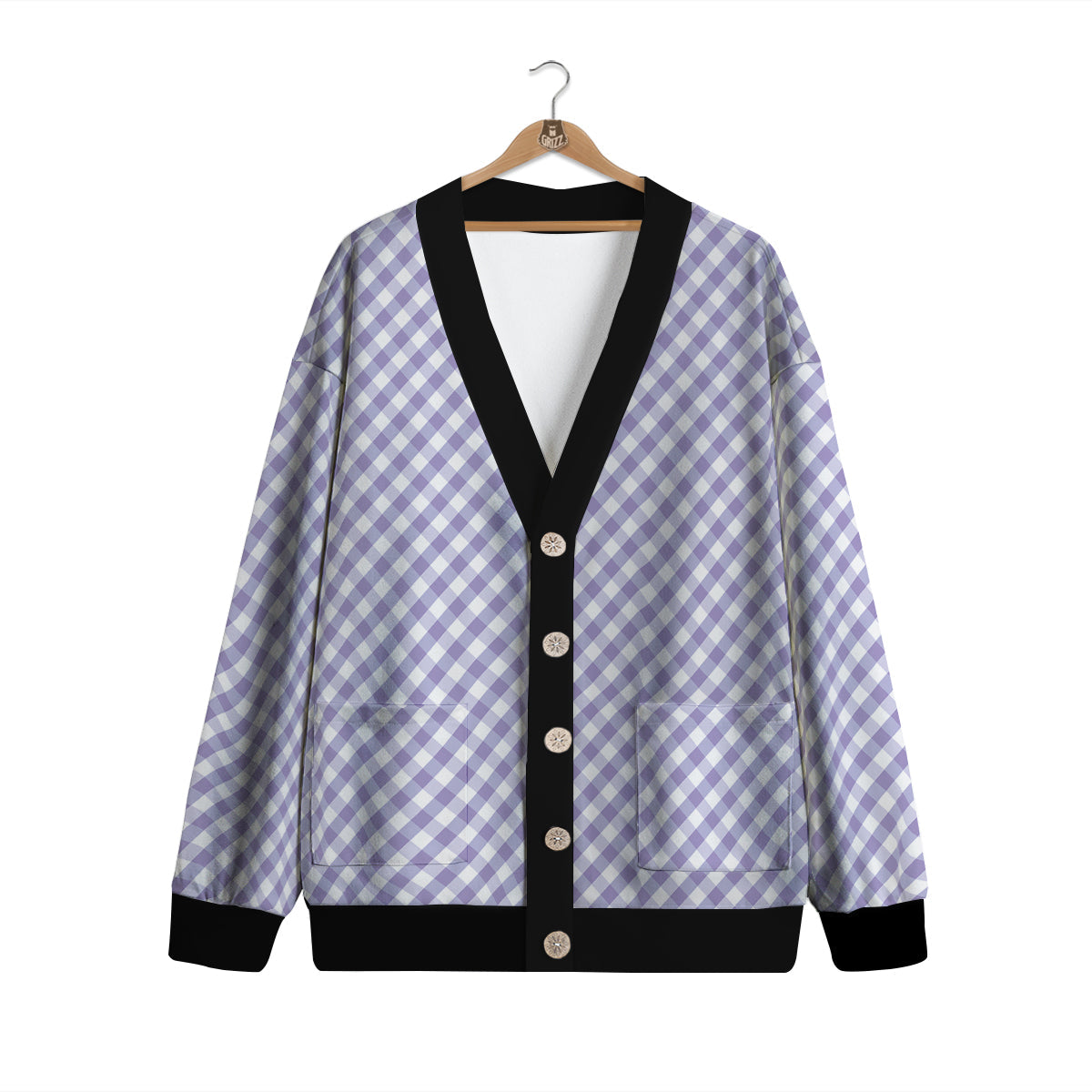 Gingham White And Violet Print Pattern Cardigan-grizzshop