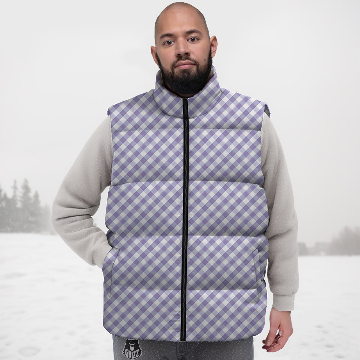 Gingham White And Violet Print Pattern Down Vest-grizzshop