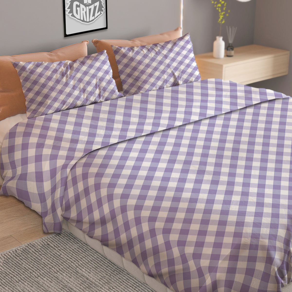 Gingham White And Violet Print Pattern Duvet Cover Bedding Set
