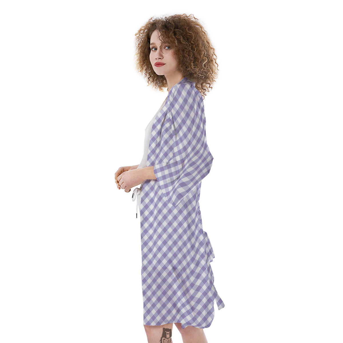 Gingham White And Violet Print Pattern Kimono-grizzshop
