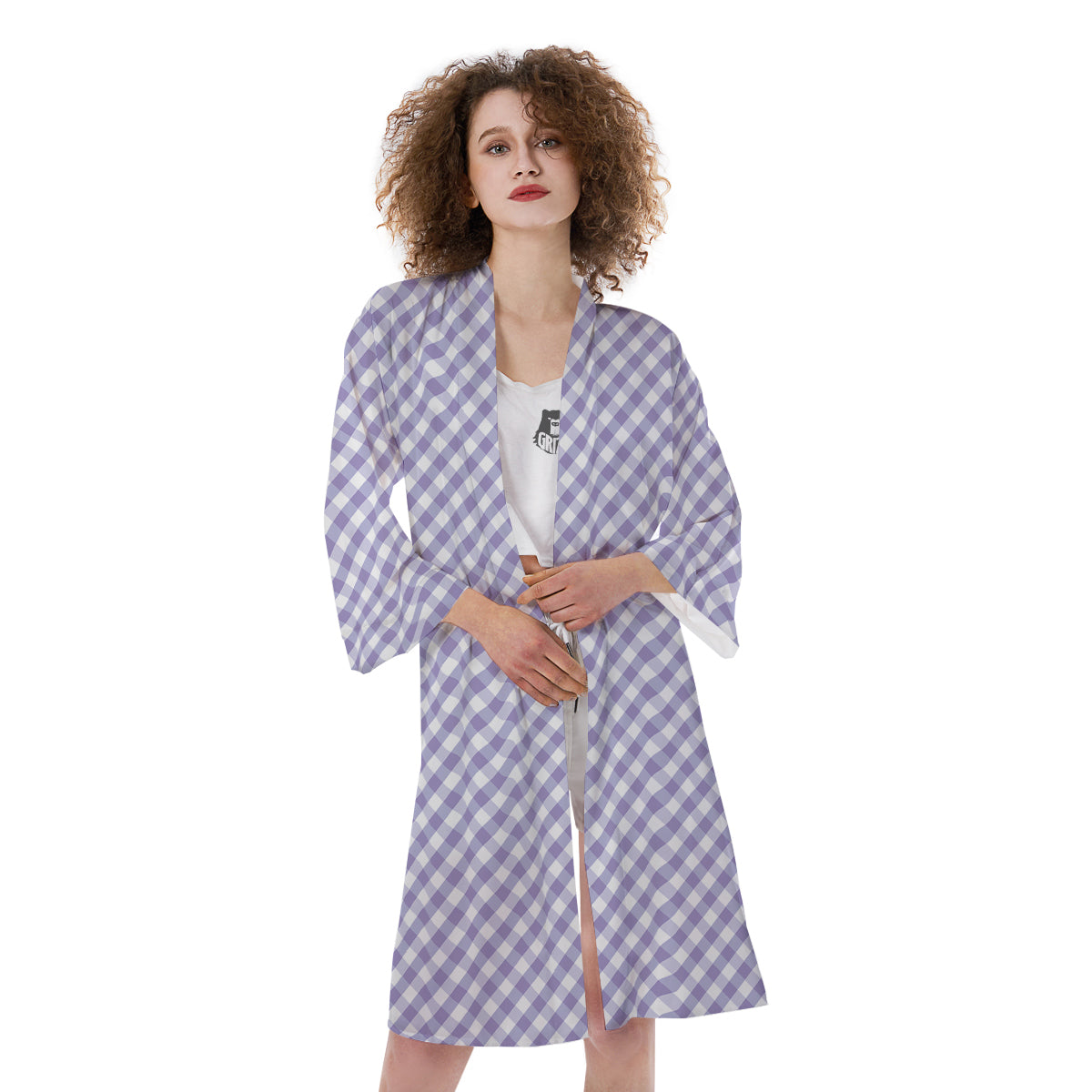 Gingham White And Violet Print Pattern Kimono-grizzshop