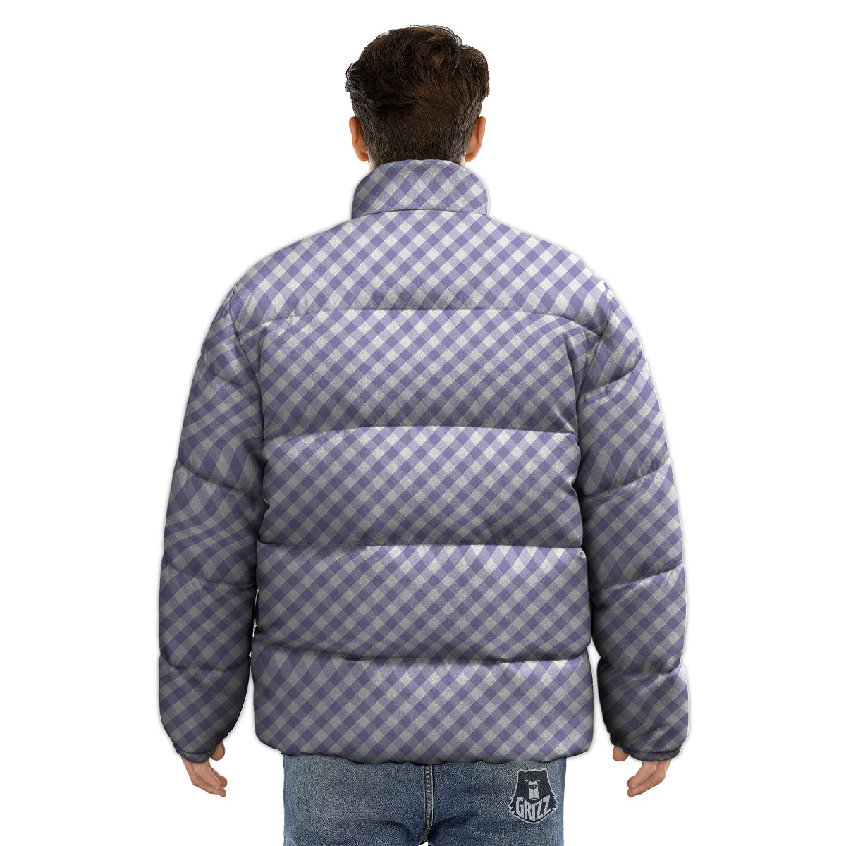 Gingham White And Violet Print Pattern Puffer Jacket-grizzshop