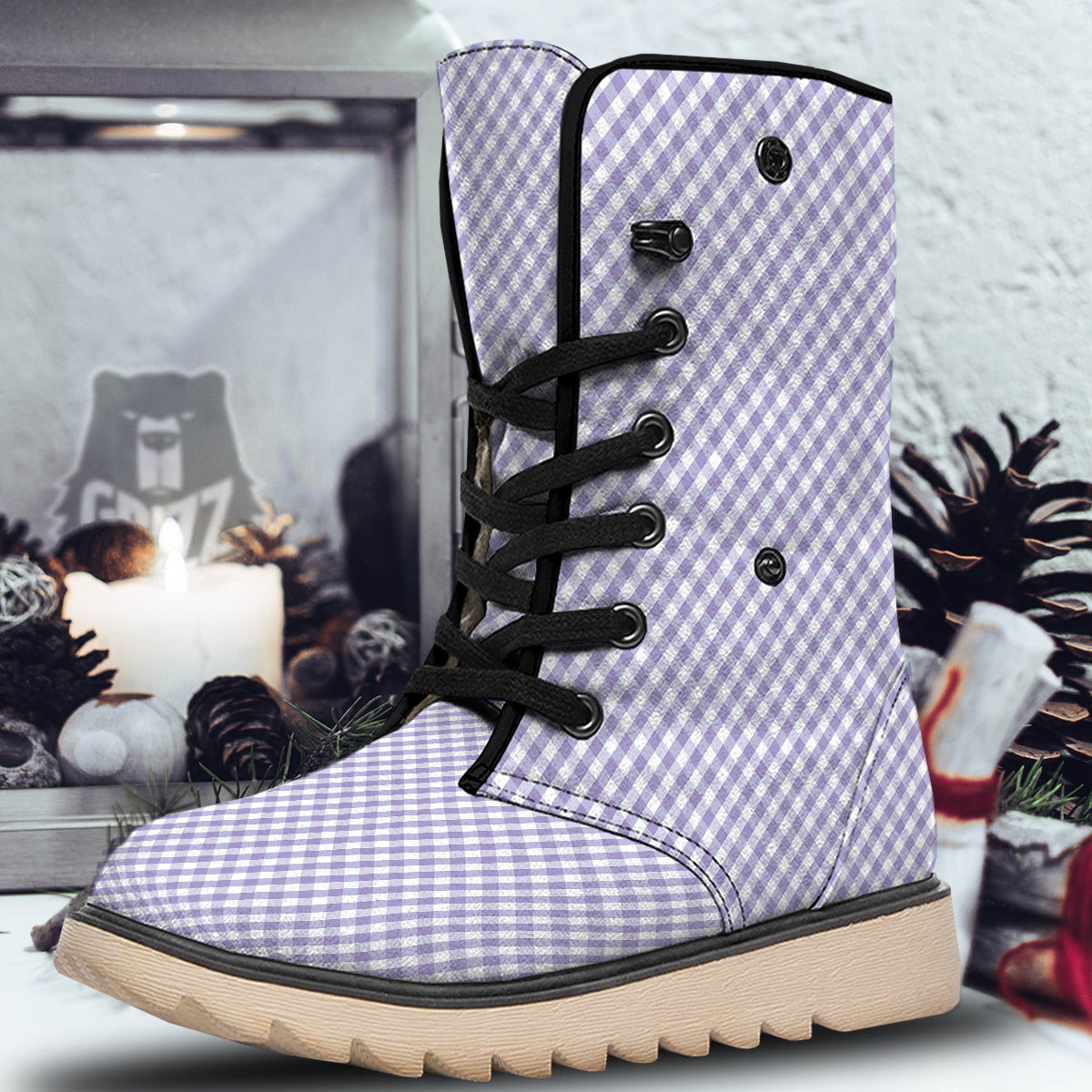 Gingham White And Violet Print Pattern Snow Boots-grizzshop