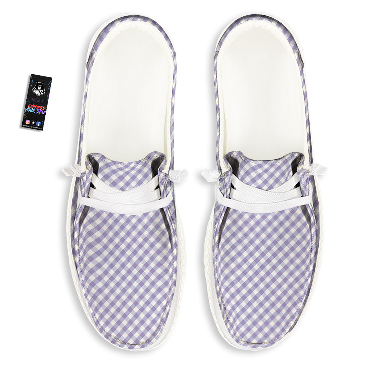 Gingham White And Violet Print Pattern White Loafers-grizzshop