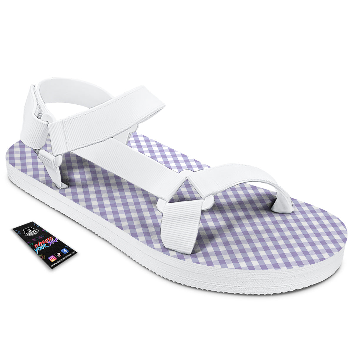 Gingham White And Violet Print Pattern White Open Toe Sandals-grizzshop
