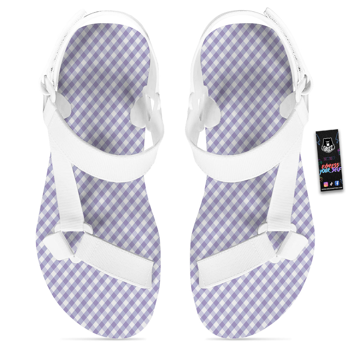 Gingham White And Violet Print Pattern White Open Toe Sandals-grizzshop