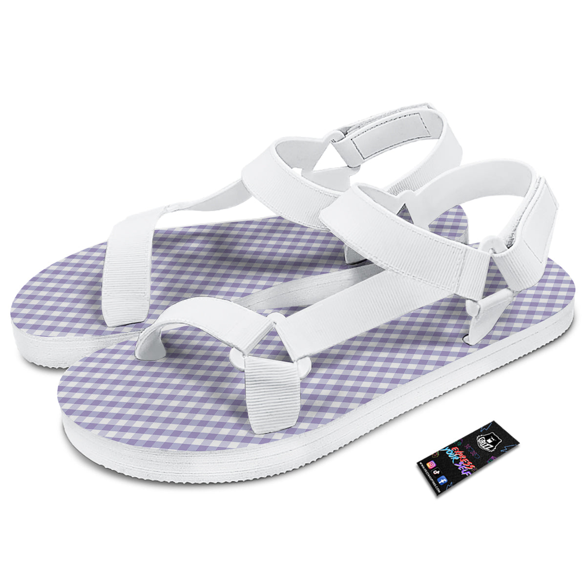 Gingham White And Violet Print Pattern White Open Toe Sandals-grizzshop