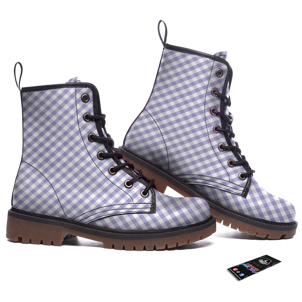 Gingham White And Violet Print Pattern Work Boots-grizzshop