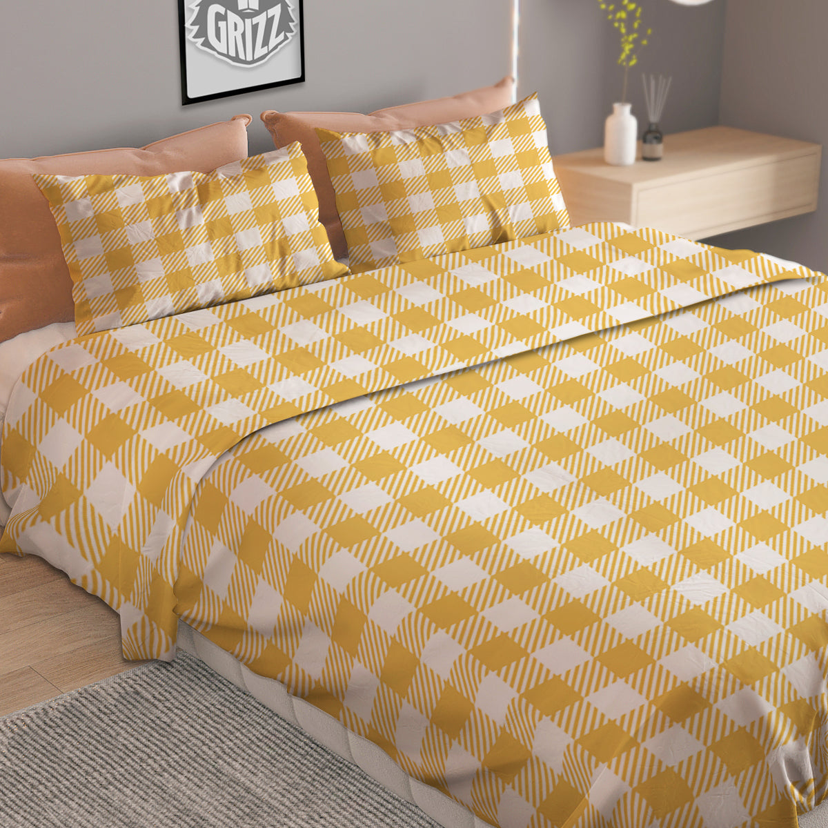Gingham Yellow And White Print Pattern Duvet Cover Bedding Set