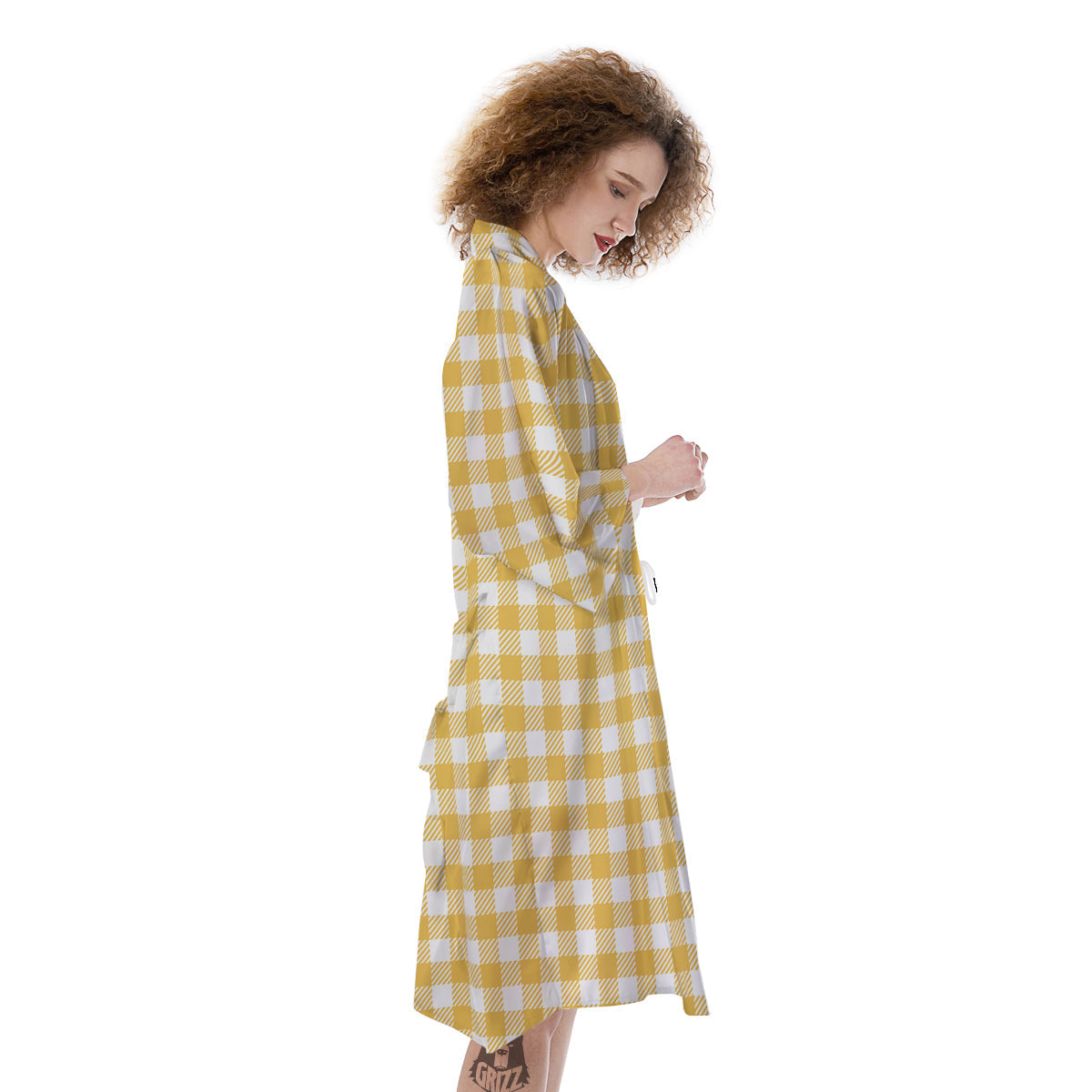 Gingham Yellow And White Print Pattern Kimono-grizzshop