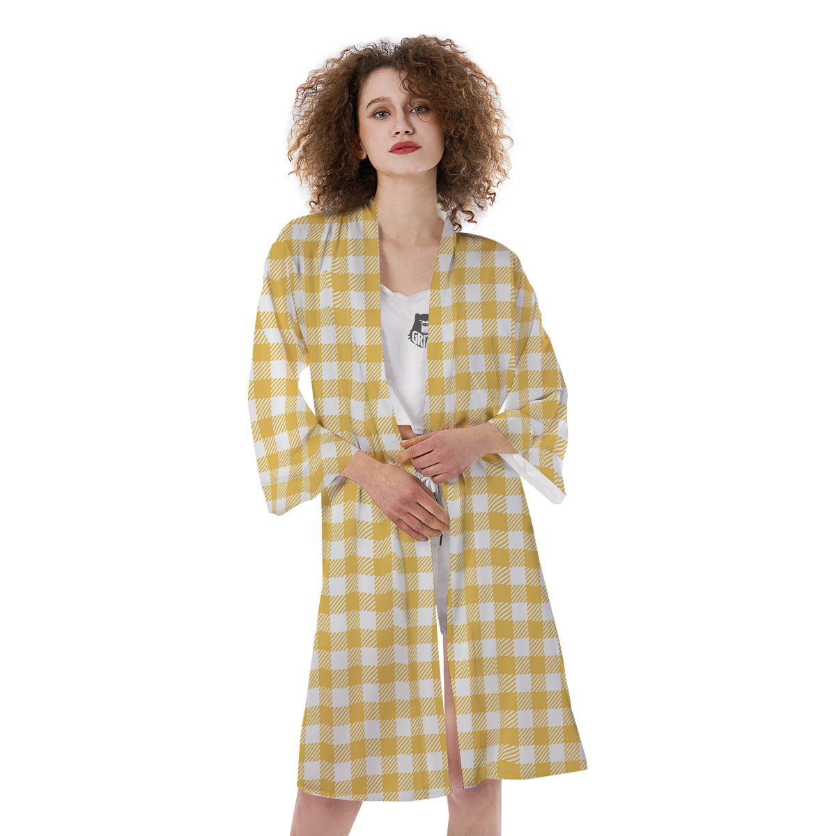 Gingham Yellow And White Print Pattern Kimono-grizzshop