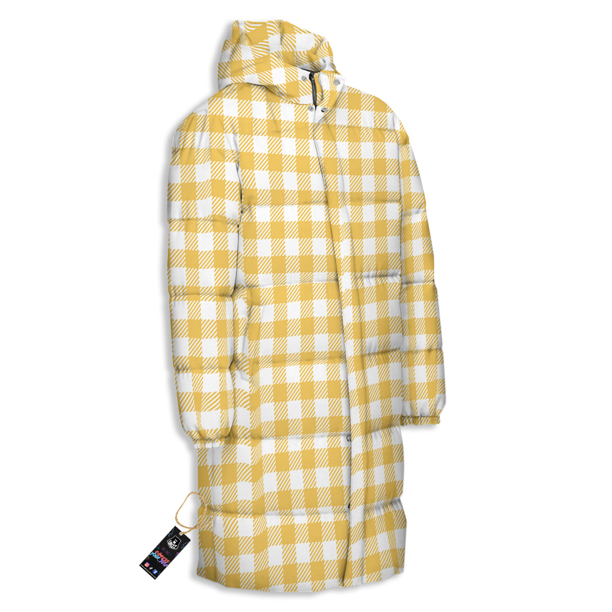 Gingham Yellow And White Print Pattern Long Down Jacket-grizzshop