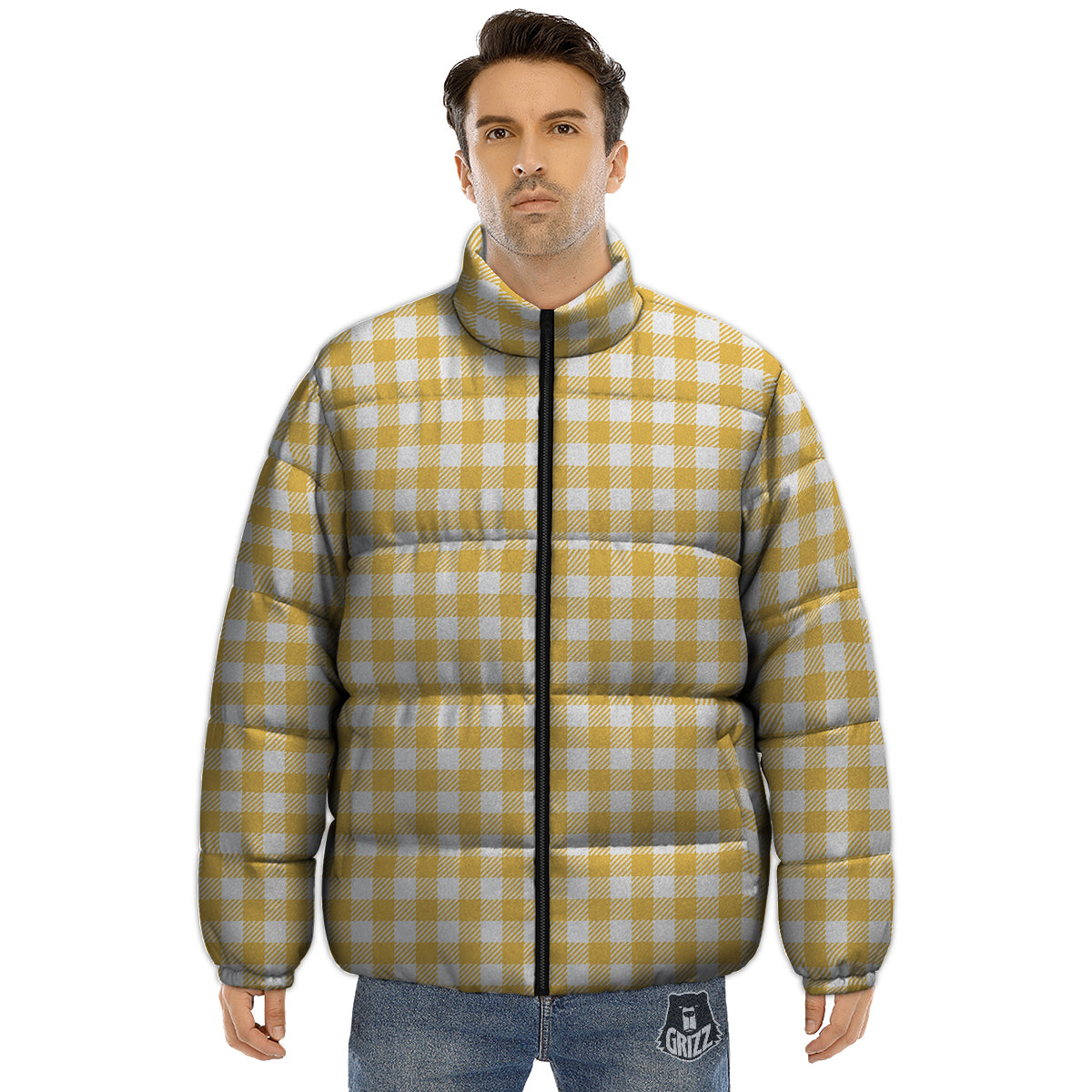 Gingham Yellow And White Print Pattern Puffer Jacket-grizzshop