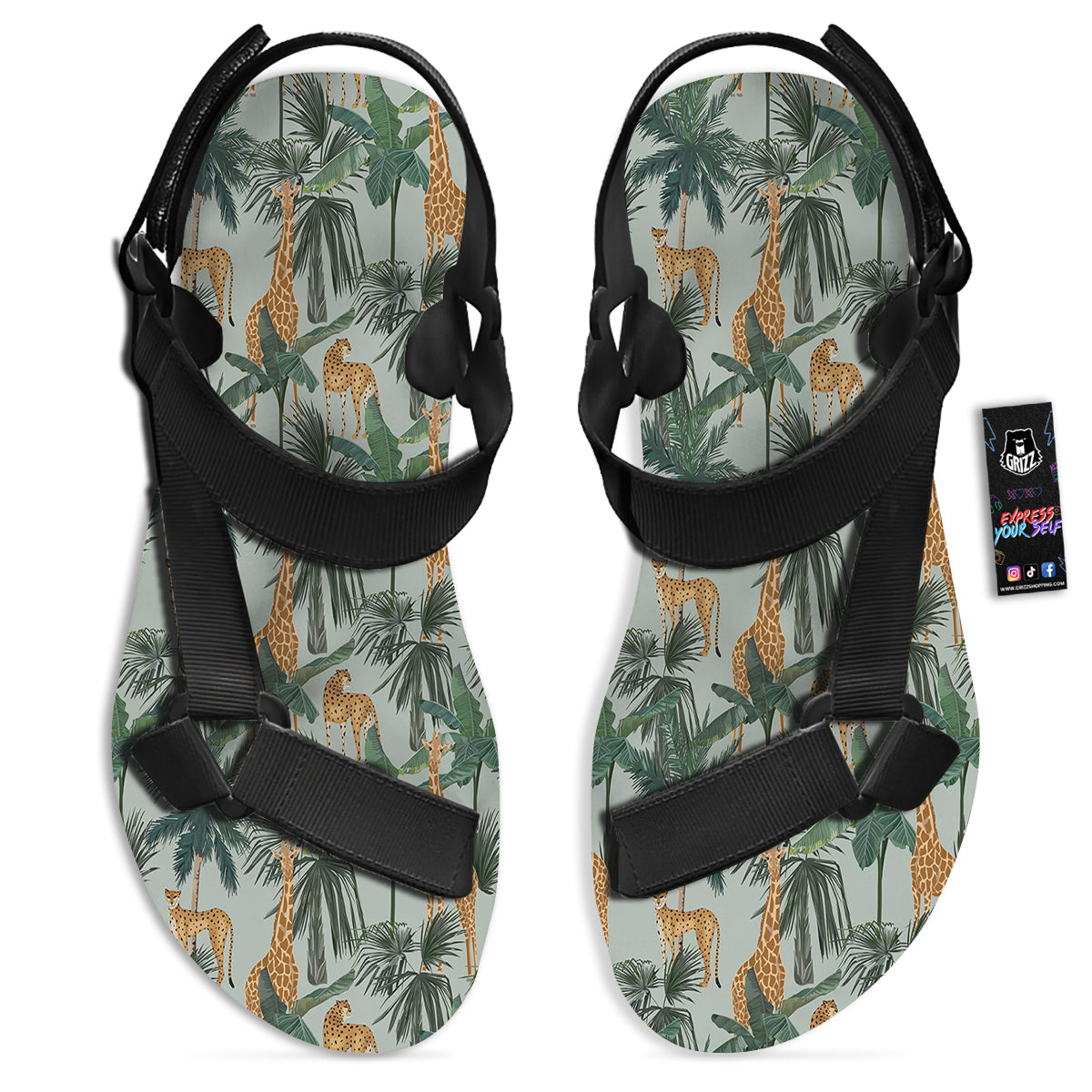 Giraffe And Leopard Vintage Print Pattern Black Open Toe Sandals-grizzshop