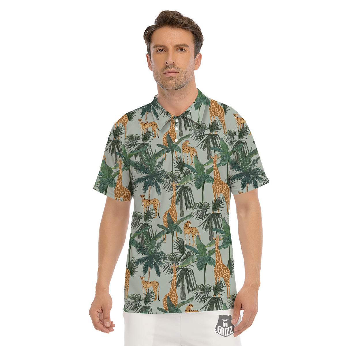 Giraffe And Leopard Vintage Print Pattern Men's Golf Shirts-grizzshop