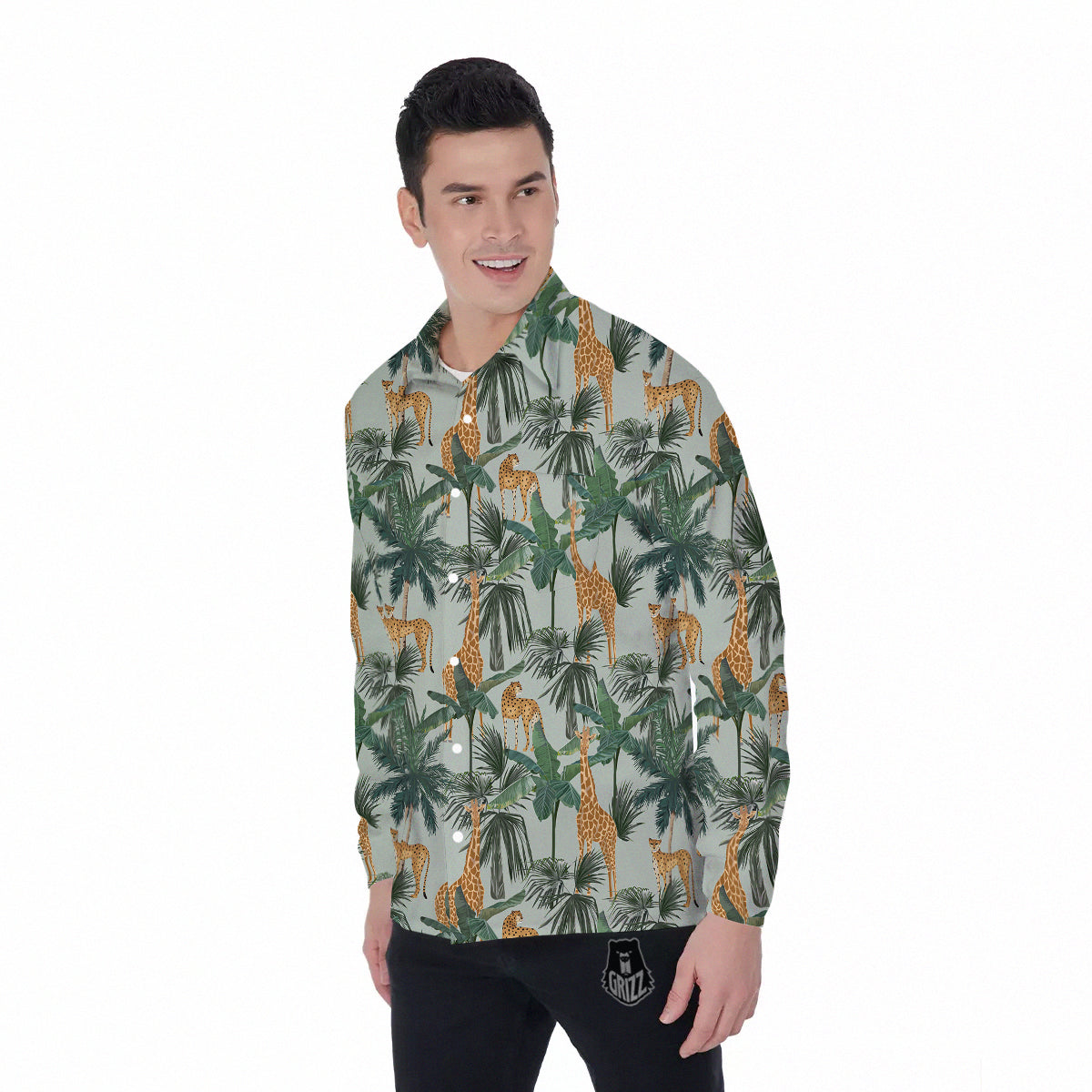 Giraffe And Leopard Vintage Print Pattern Men's Long Sleeve Shirts-grizzshop