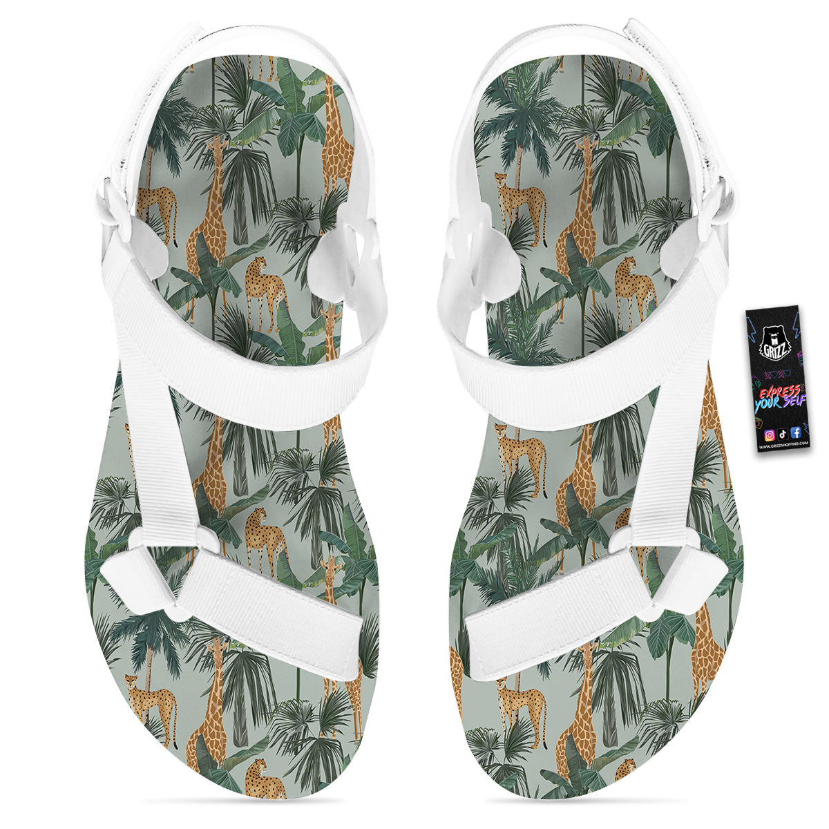 Giraffe And Leopard Vintage Print Pattern White Open Toe Sandals-grizzshop