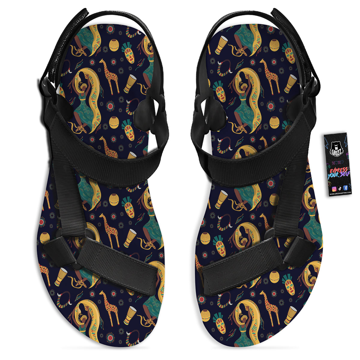 Giraffe Aztec Print Pattern Black Open Toe Sandals-grizzshop