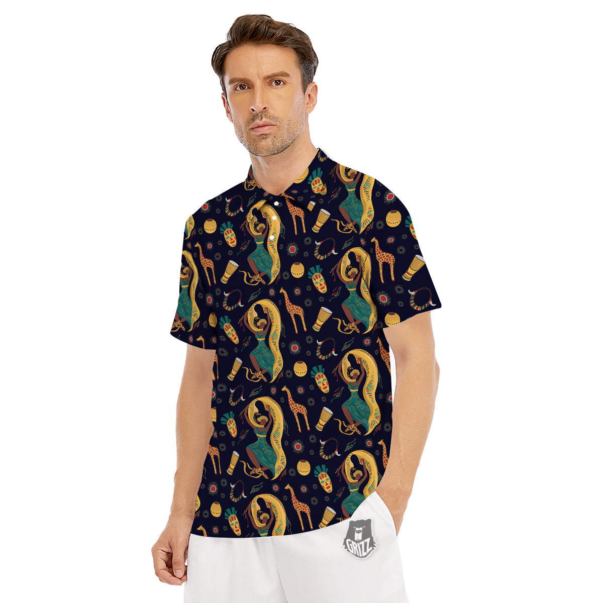 Giraffe Aztec Print Pattern Men's Golf Shirts-grizzshop