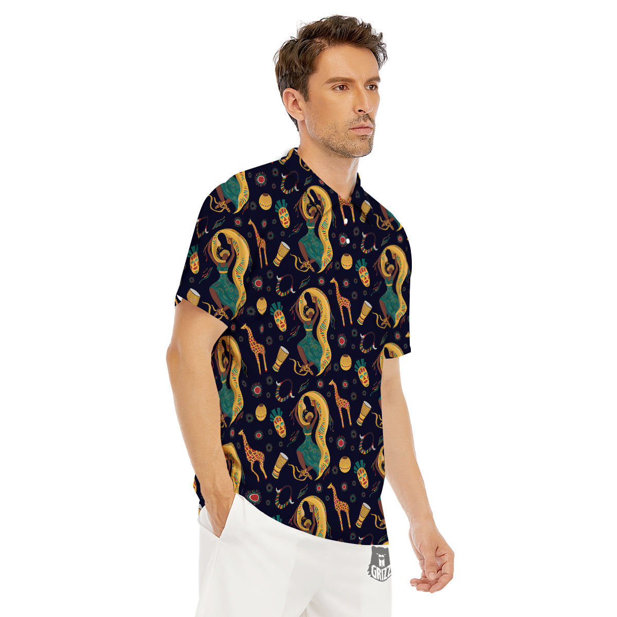Giraffe Aztec Print Pattern Men's Golf Shirts-grizzshop