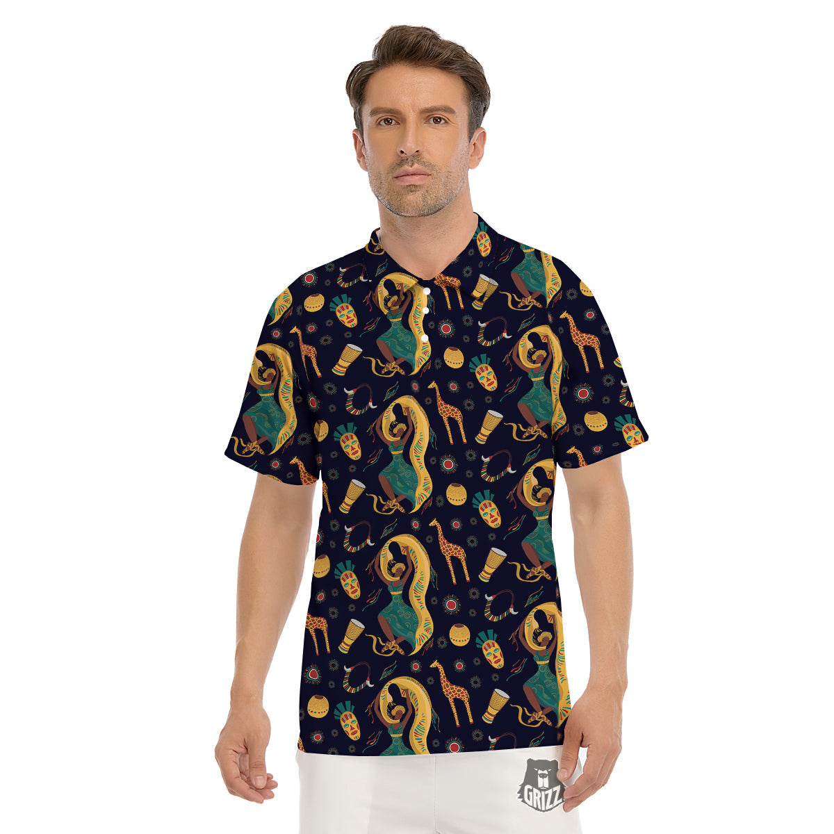 Giraffe Aztec Print Pattern Men's Golf Shirts-grizzshop