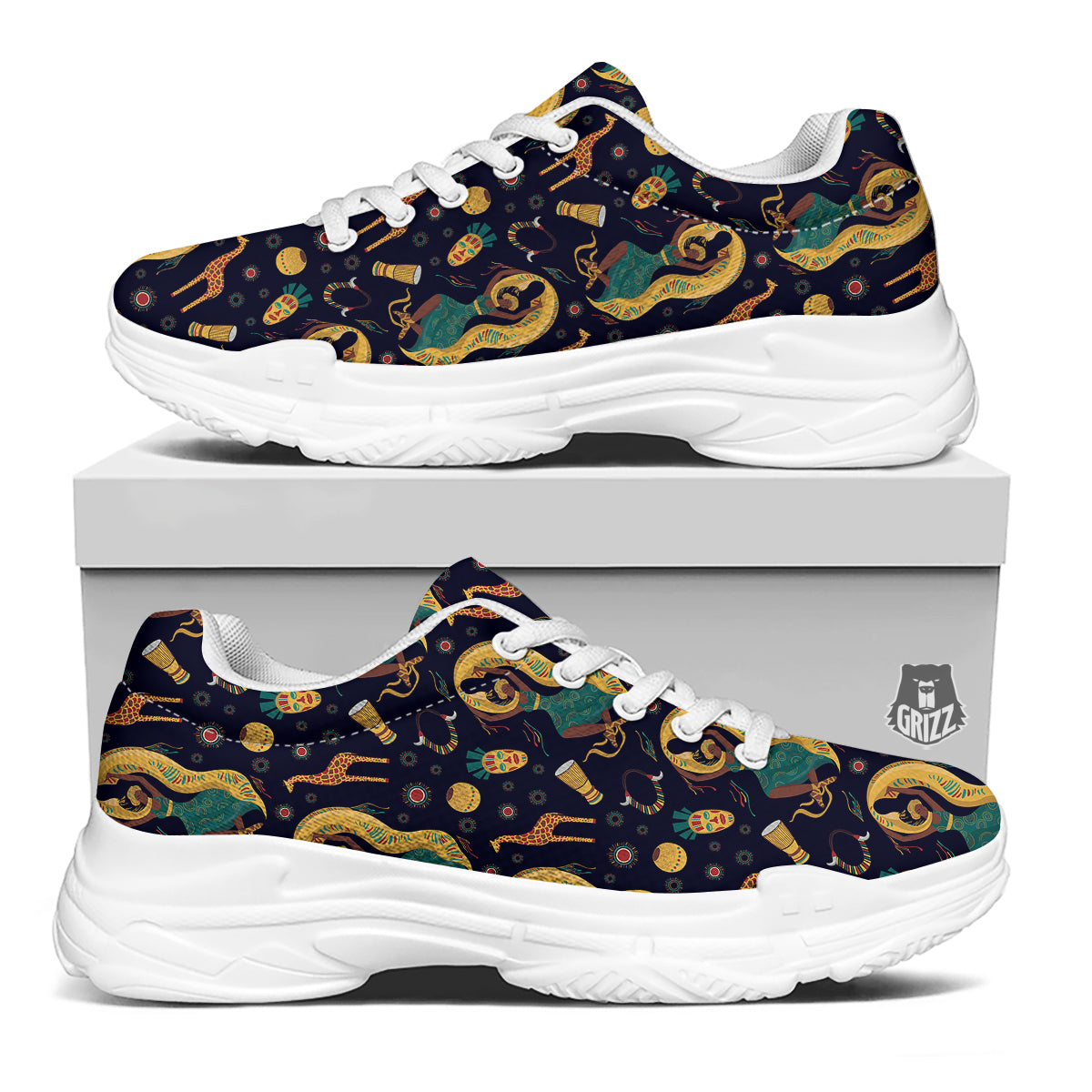 Giraffe Aztec Print Pattern White Chunky Shoes-grizzshop