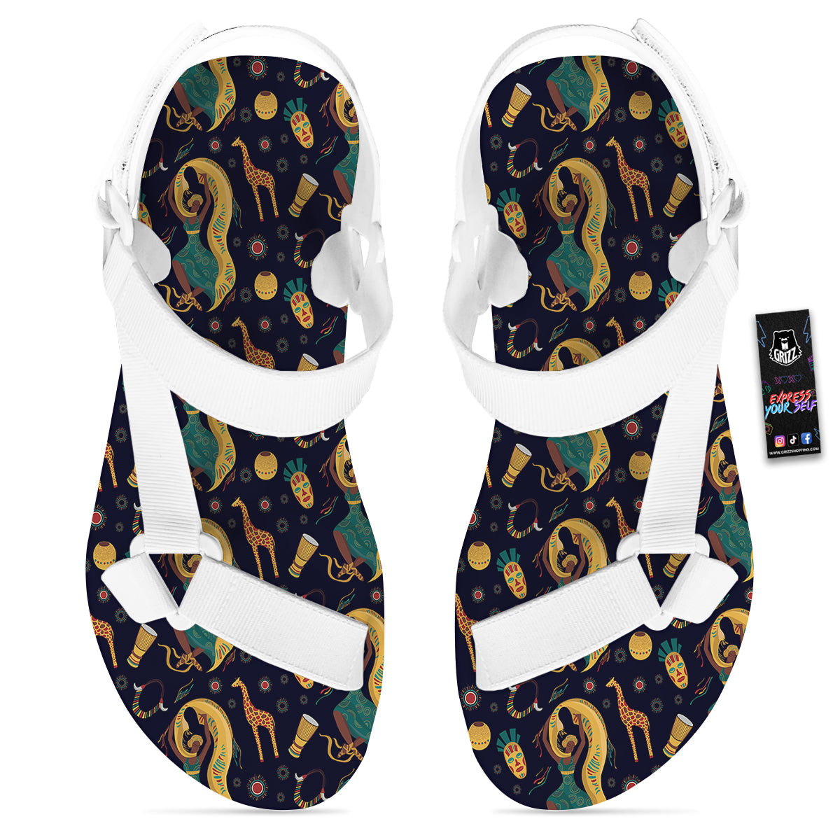 Giraffe Aztec Print Pattern White Open Toe Sandals-grizzshop