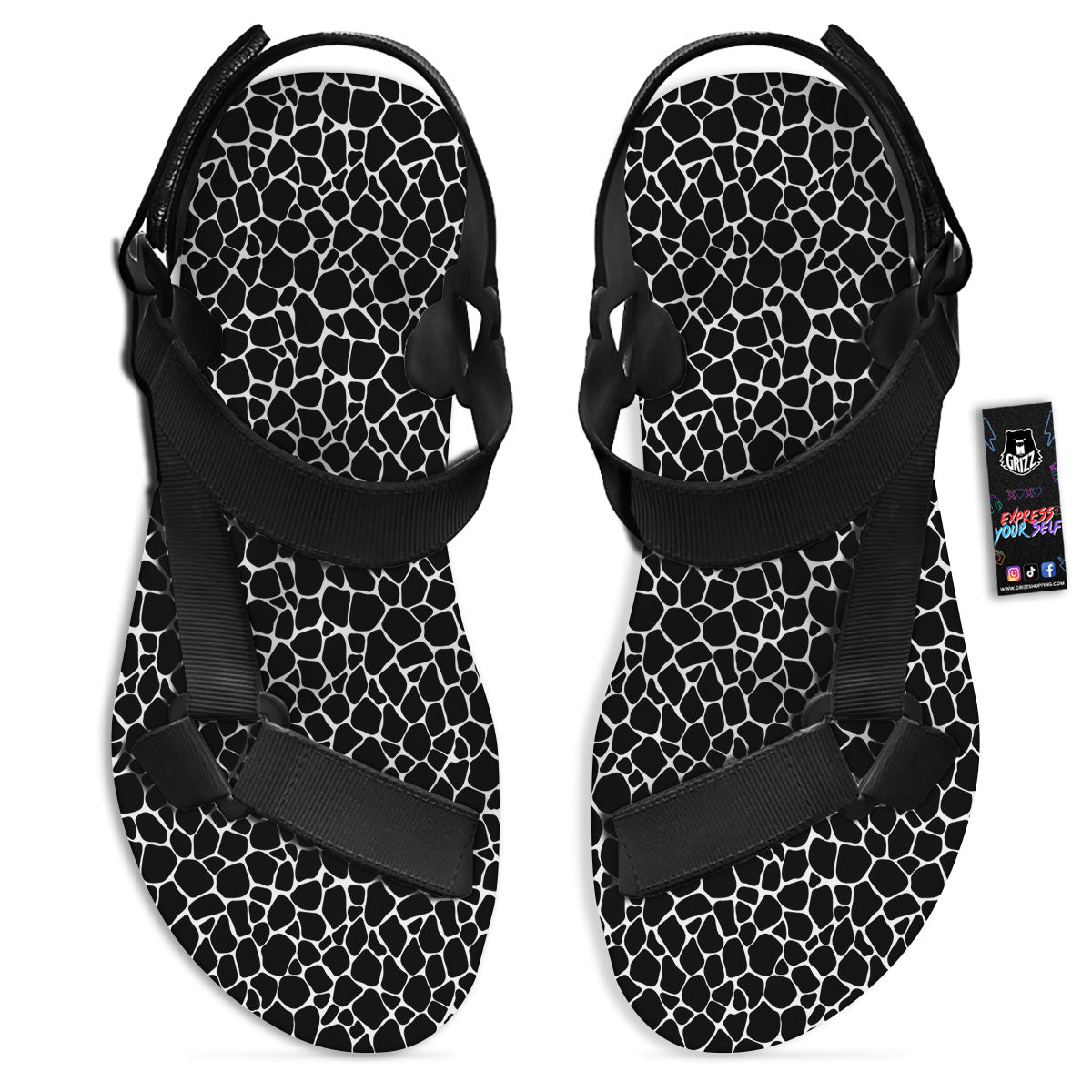 Giraffe Black Tropical Print Pattern Black Open Toe Sandals-grizzshop